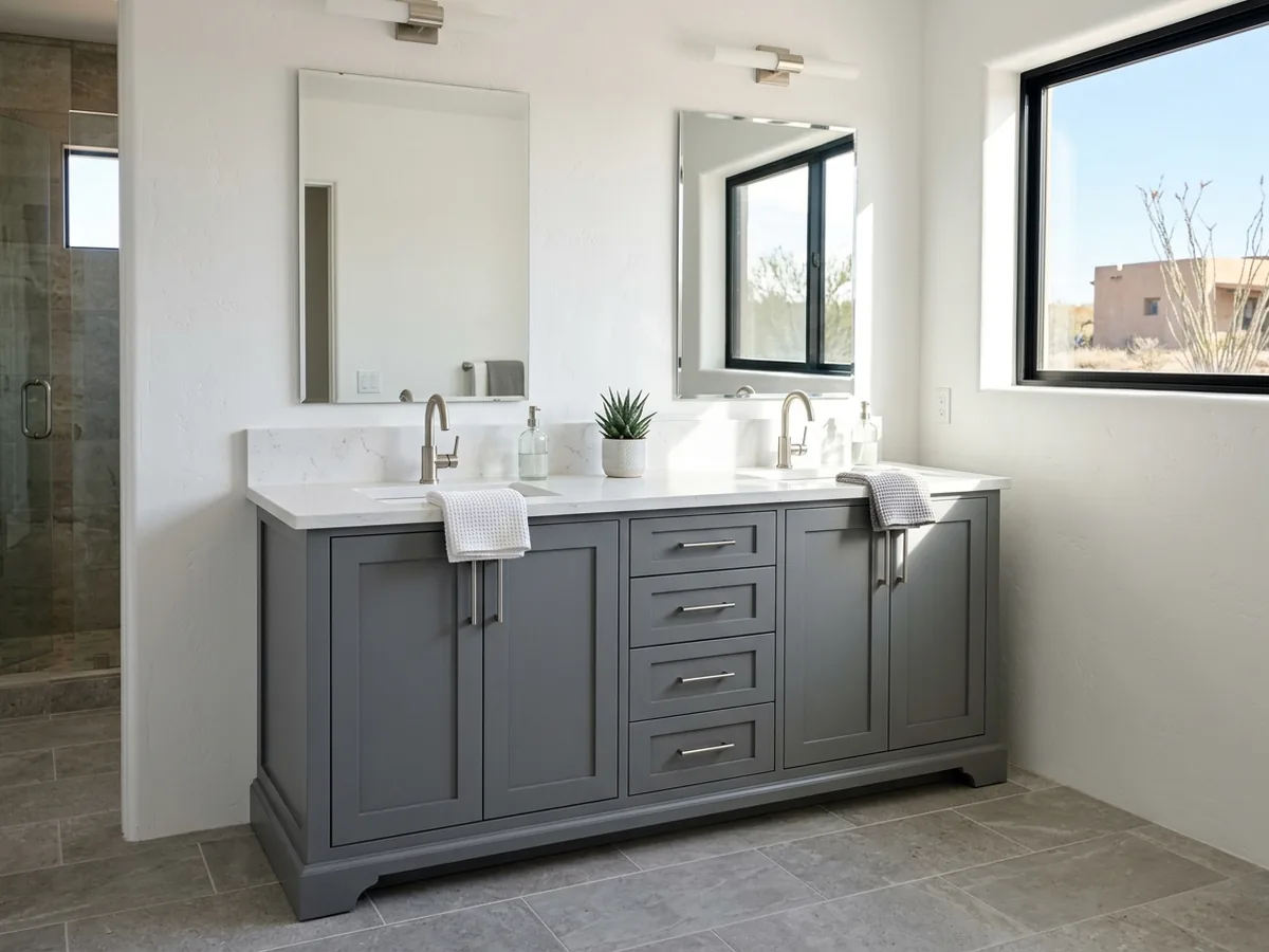 Painted shaker double vanity with two undermount sinks, a center drawer bank and a quartz top in a bright primary bath