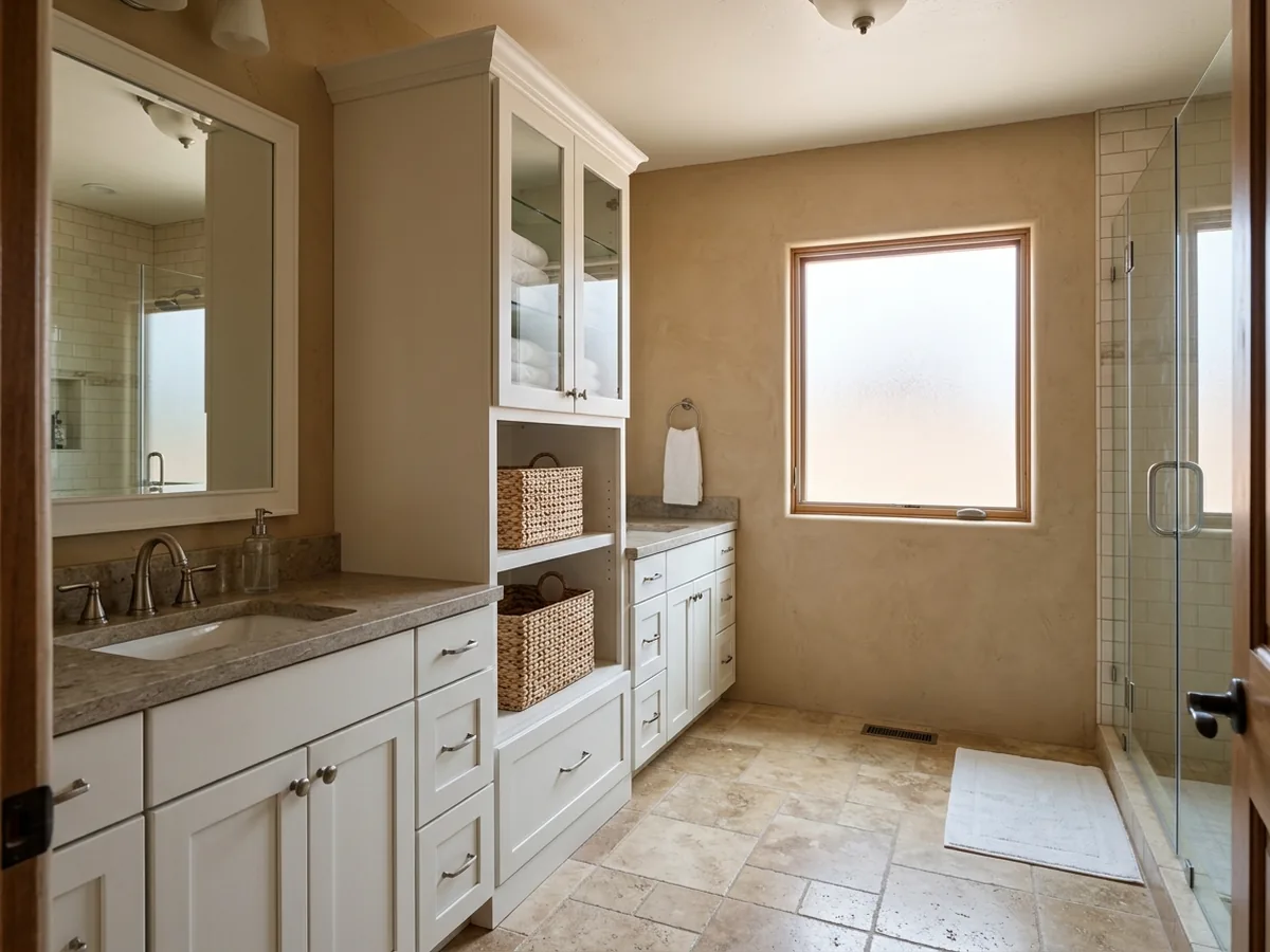 Tall painted linen tower beside a vanity with glass upper doors, open shelves and a hamper drawer at the bottom