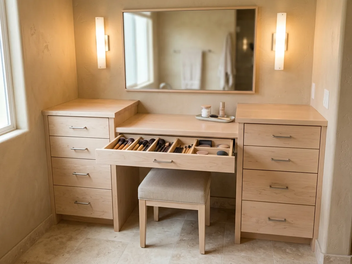 Lowered sit-down makeup counter with open knee space, a drawer bank on each side and a wide mirror above