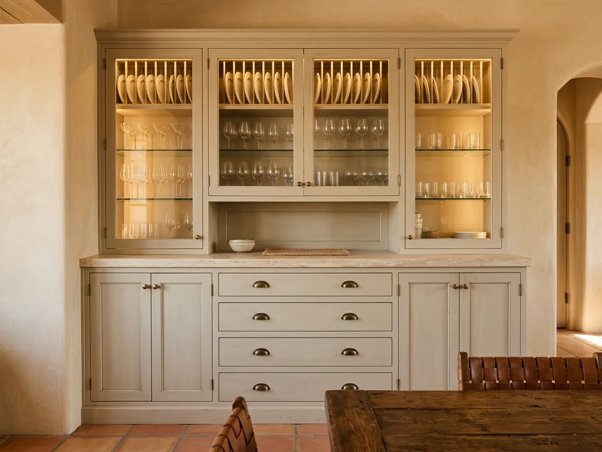 Painted built-in dining room hutch with glass-door upper cabinets, plate rails and a drawer base with a stone serving top