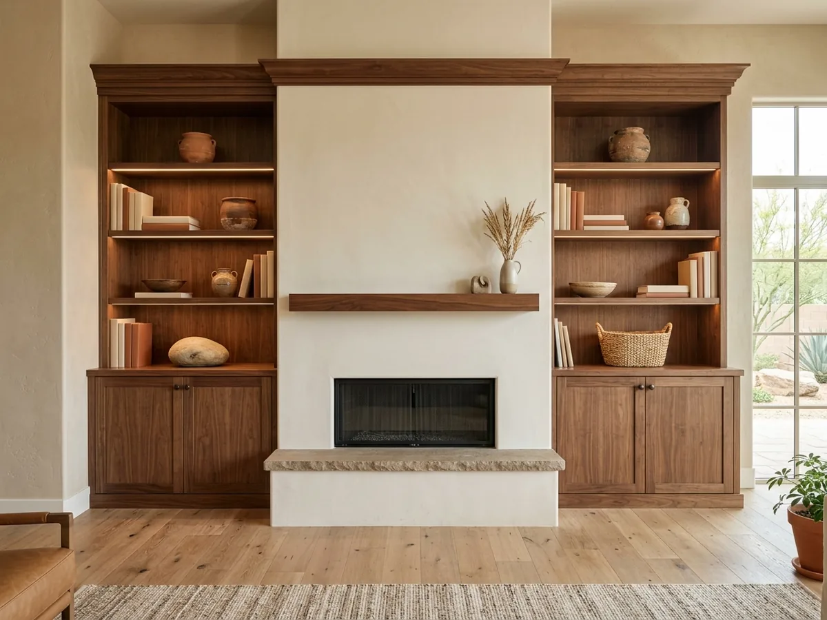 Walnut-stained bookcases on both sides of a smooth plaster fireplace, with closed cabinets below and lit open shelves above