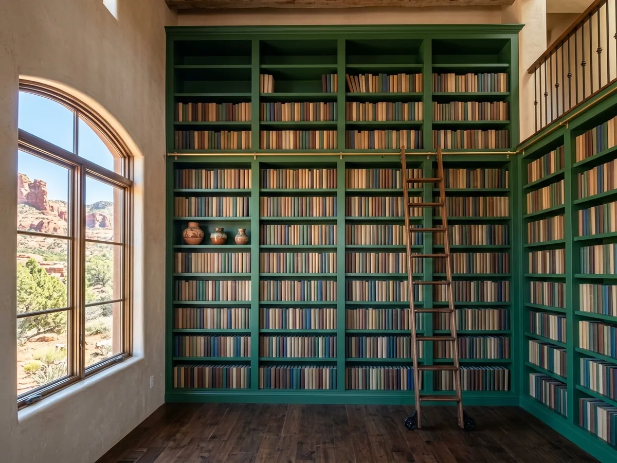 Floor-to-ceiling painted library shelving across a full wall, with a rolling ladder on a brass rail