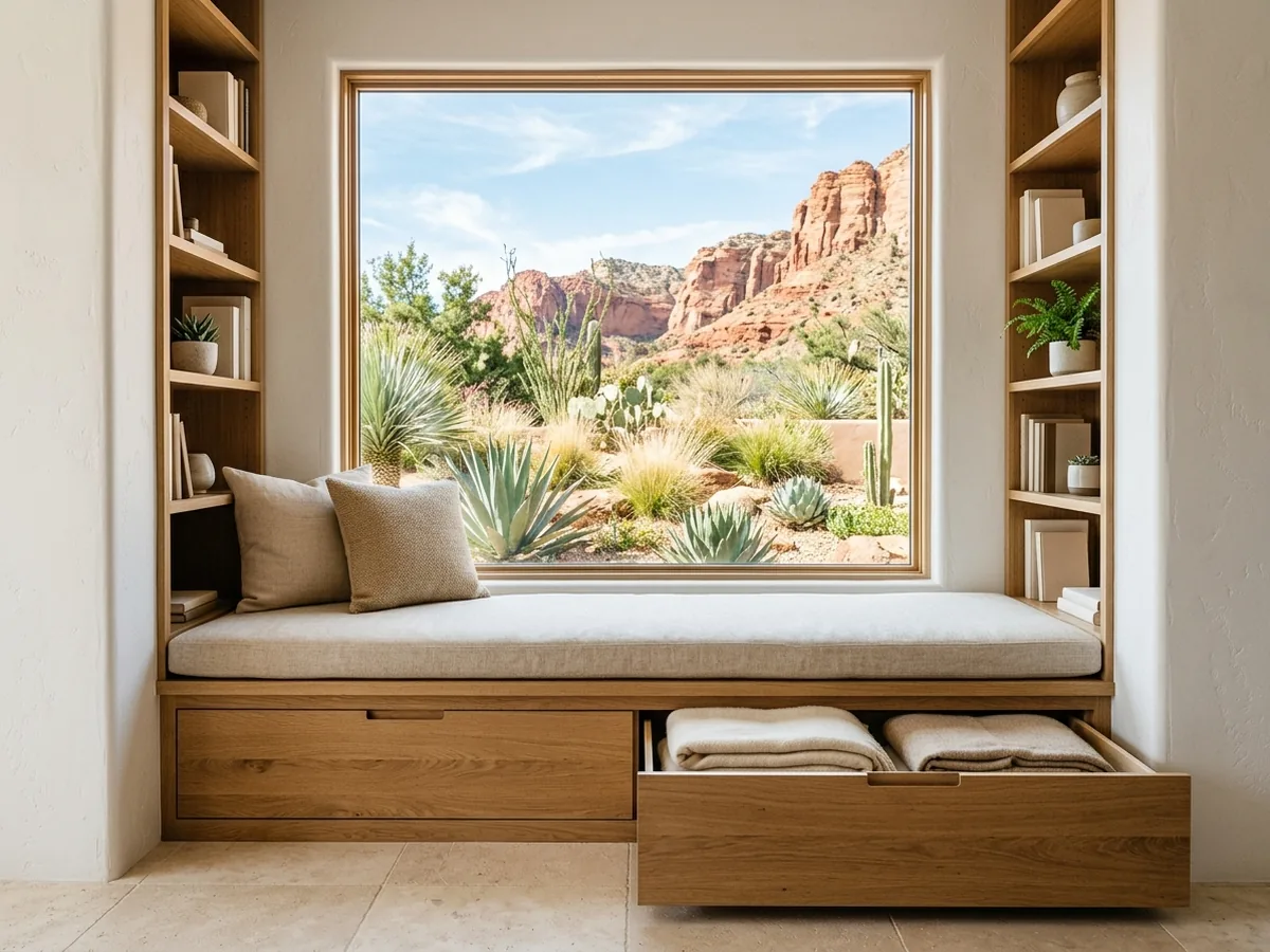 White oak window seat with two deep drawers below a large window, bookcases rising on each side