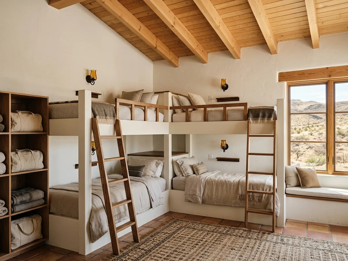 Bunk room with four built-in bunks across two walls, stained oak guardrails and a ladder at each stack