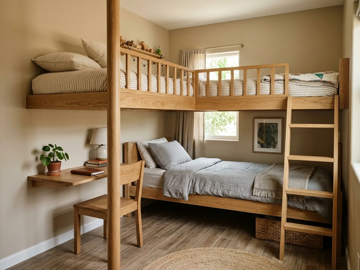 L-shaped built-in bunk beds wrapping a bedroom corner, upper bed on one wall and lower bed on the other