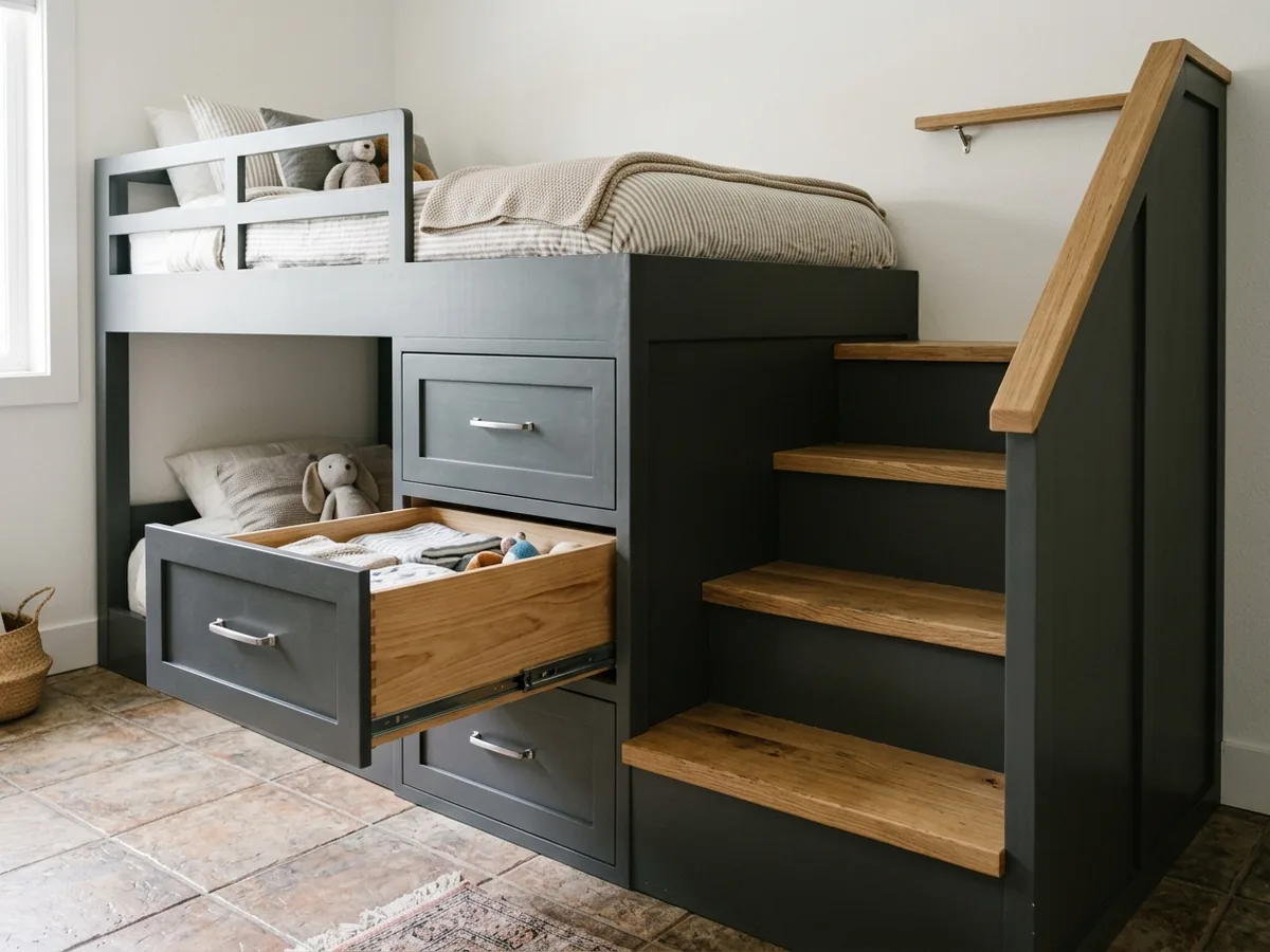Stair-step built-in bunk with a drawer front in every riser leading up to the top bed