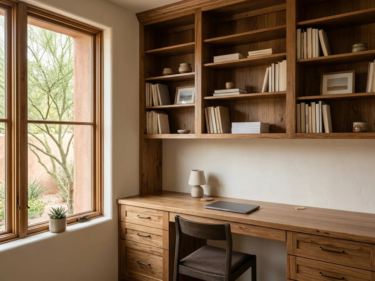 Built-in stained hickory desk wall with file drawers and upper bookcases