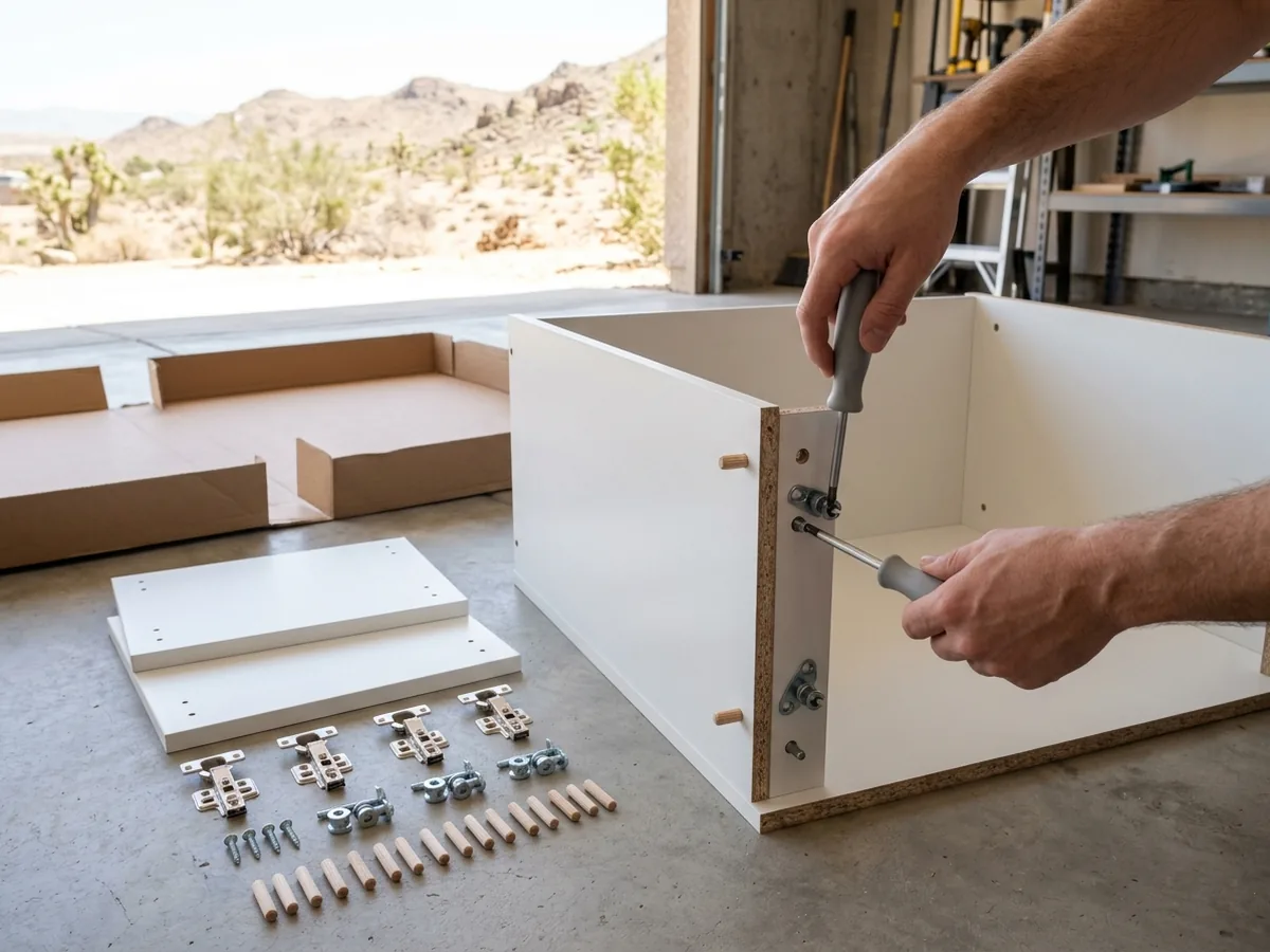 Ready-to-assemble cabinet boxes being assembled on a garage floor with cam fittings and dowels