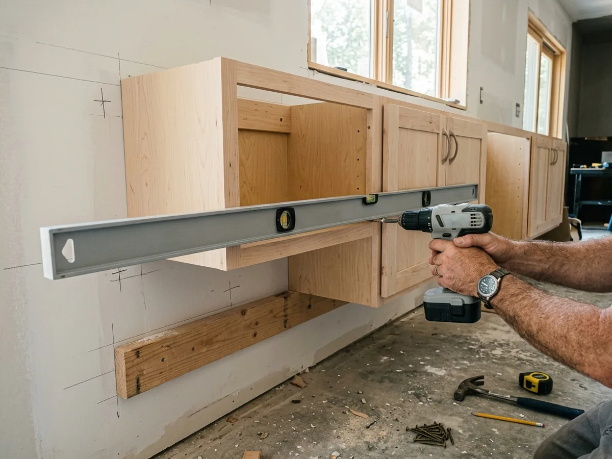 Upper kitchen cabinets resting on a temporary ledger board with a level across their bottoms