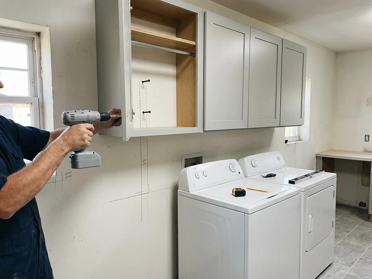 Wall-hung laundry cabinets being fastened above a washer and dryer, with a stud finder line marked