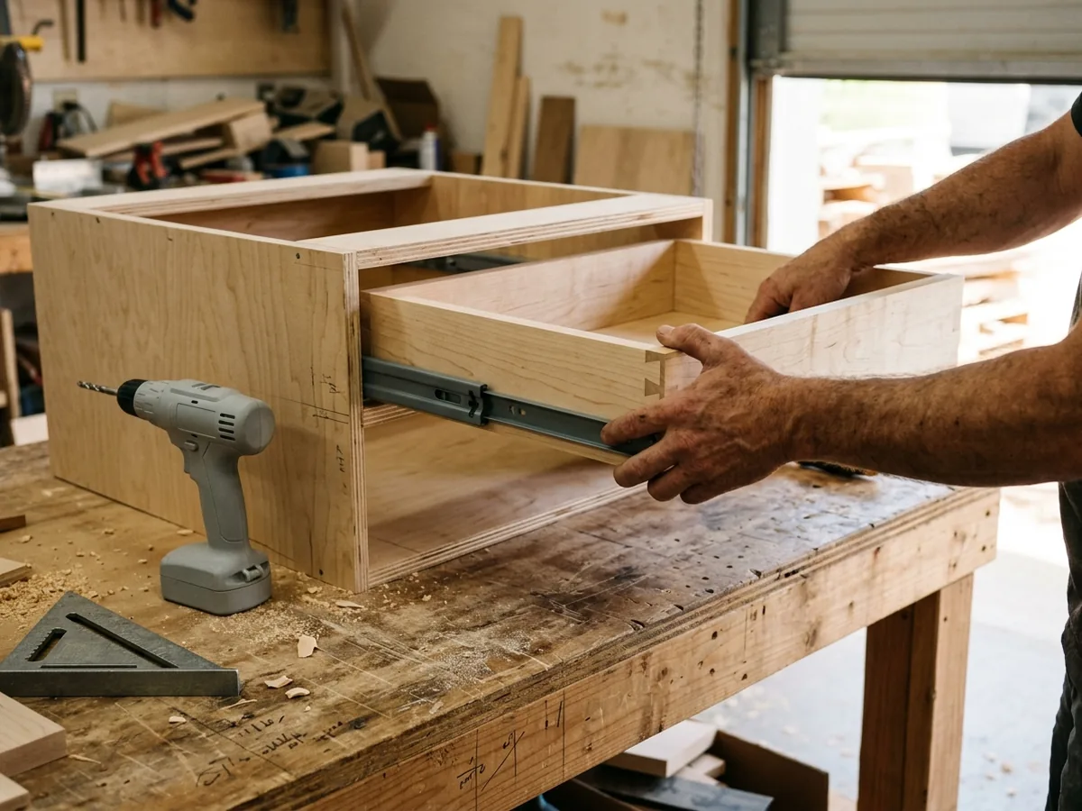 Hands fitting a dovetailed maple drawer box onto soft-close slides in a plywood cabinet