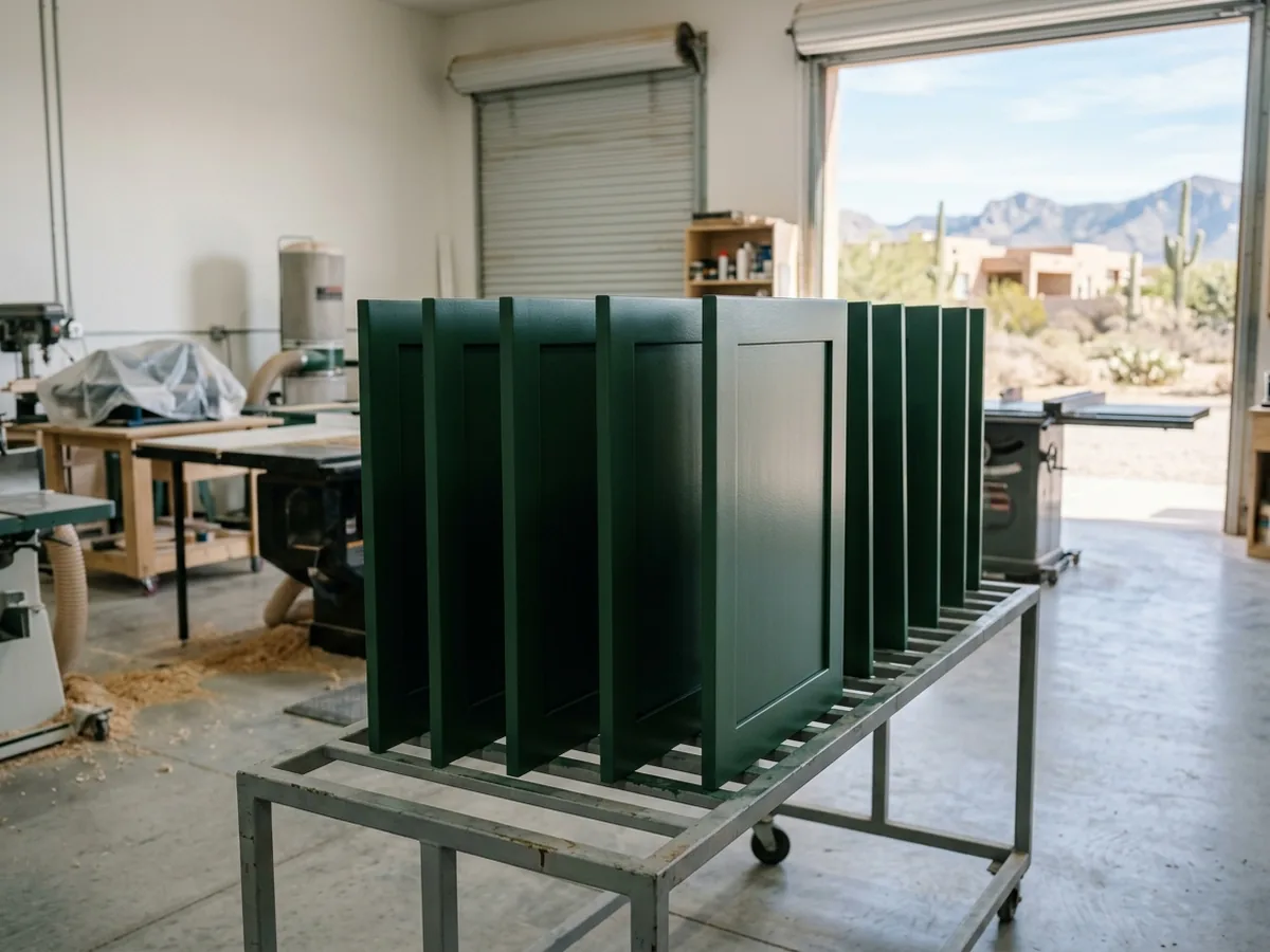 Freshly sprayed painted MDF shaker doors in a deep green drying on a rack in a clean cabinet shop