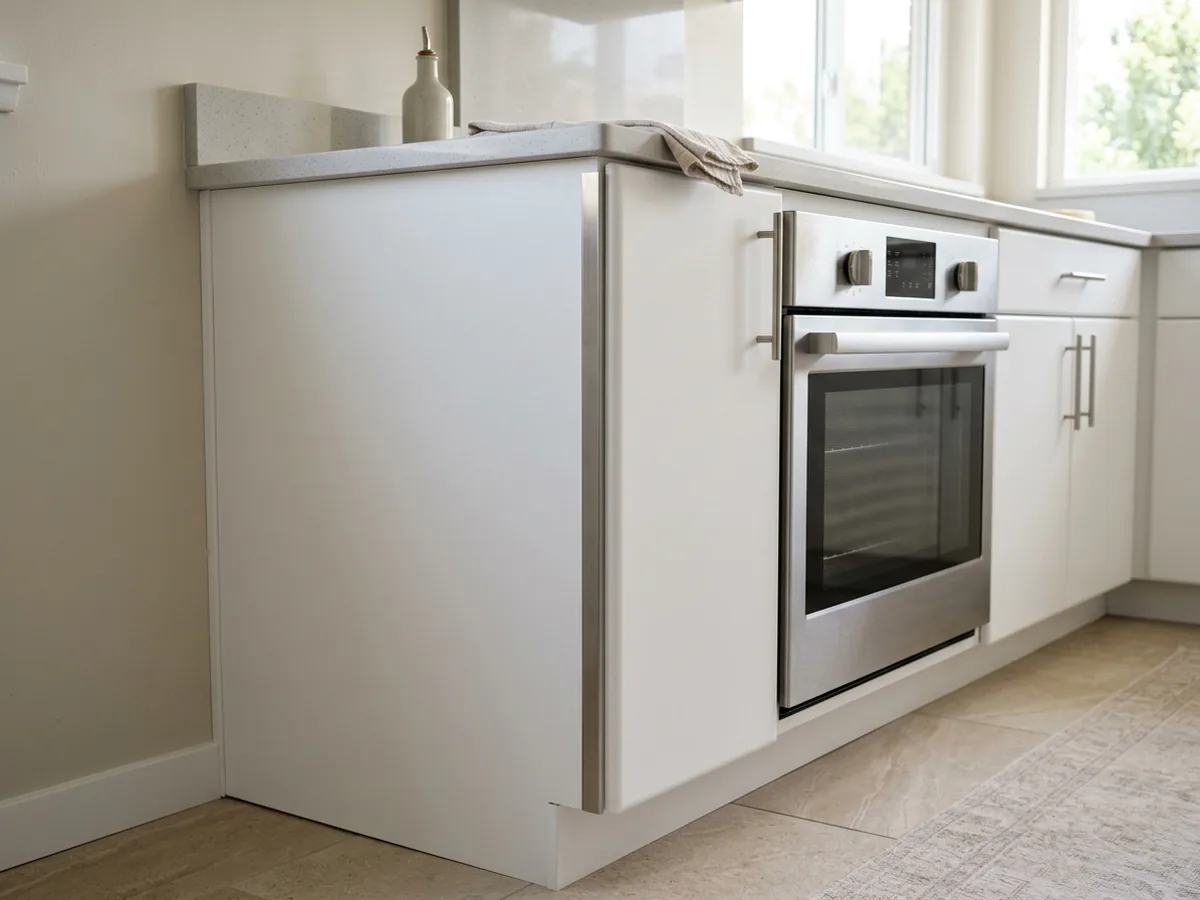 Matte white thermofoil slab doors and laminate-covered face frames on refaced kitchen cabinets beside a wall oven with a metal heat shield