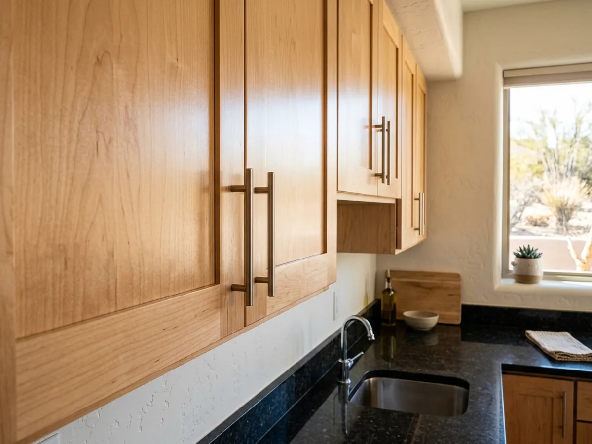Hard maple cabinet doors with a fresh clear satin topcoat, showing the natural light grain