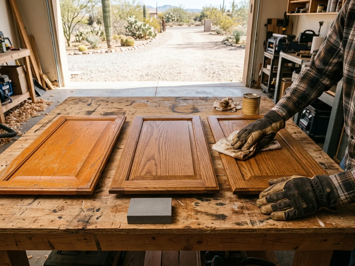 Oak cabinet doors after restaining in a warm medium brown, with the grain visible on a workbench