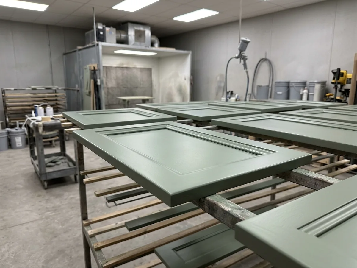 Sage green kitchen cabinet doors drying on racks after spraying, with a smooth satin finish