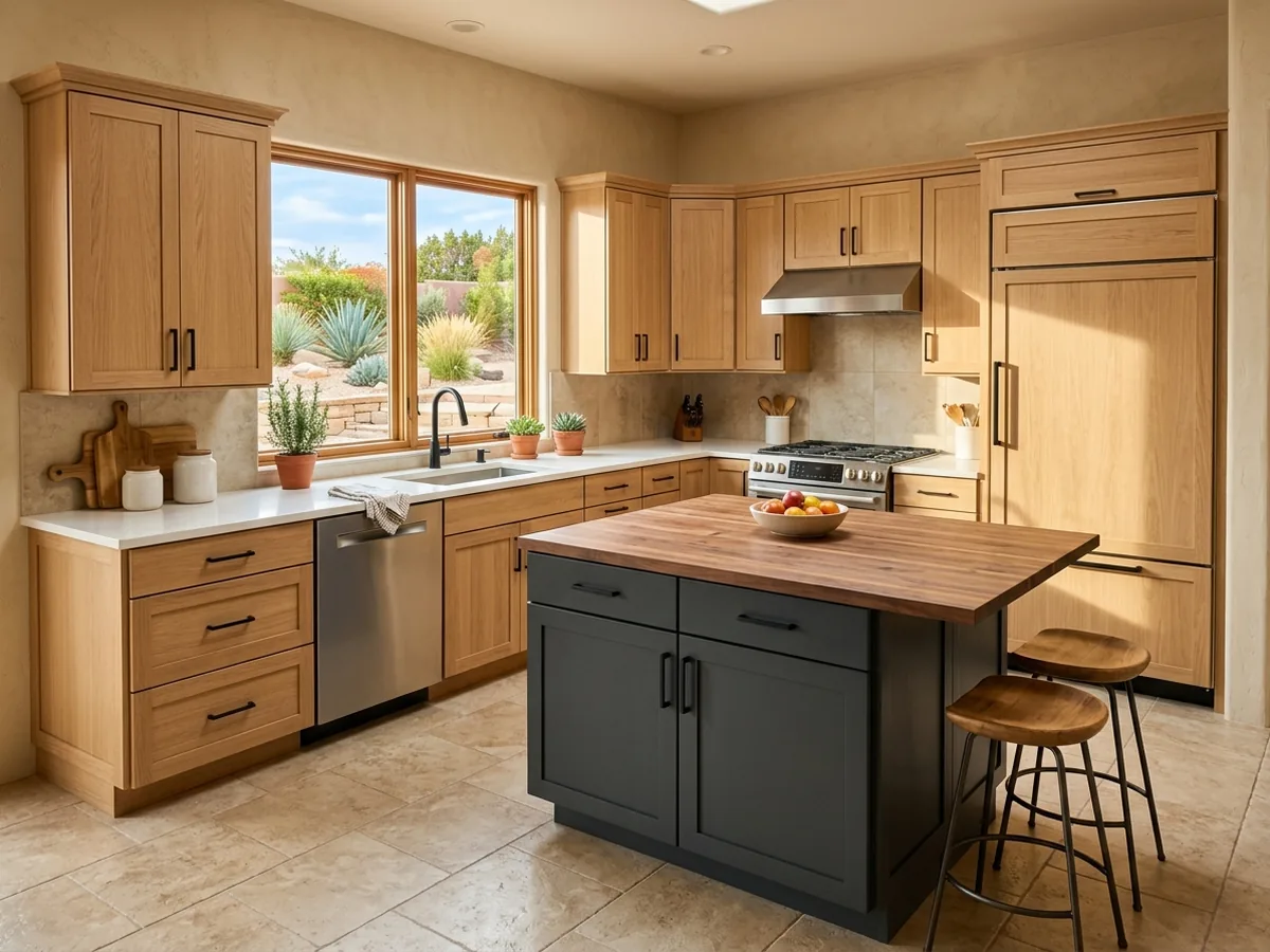 Kitchen with a painted charcoal island and refinished white oak perimeter cabinets