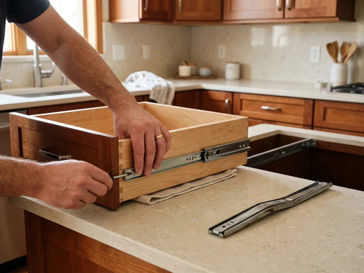 Drawer removed from a cabinet with a new full-extension side-mount slide being fitted