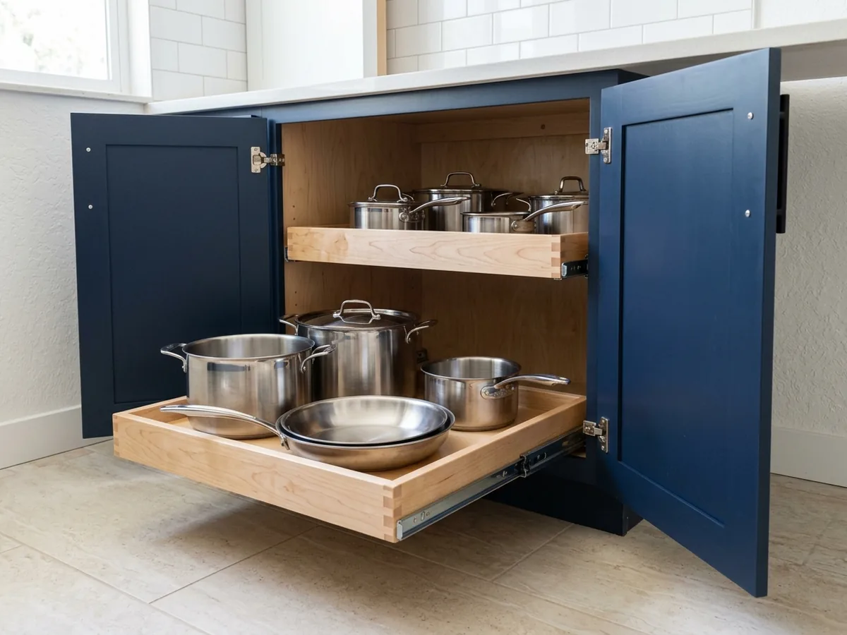 Base cabinet with a newly fitted roll-out tray pulled out, showing pots and full-extension slides