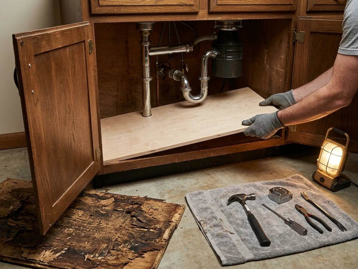 Sink base cabinet with the old swollen floor removed and a new plywood floor panel being set in place