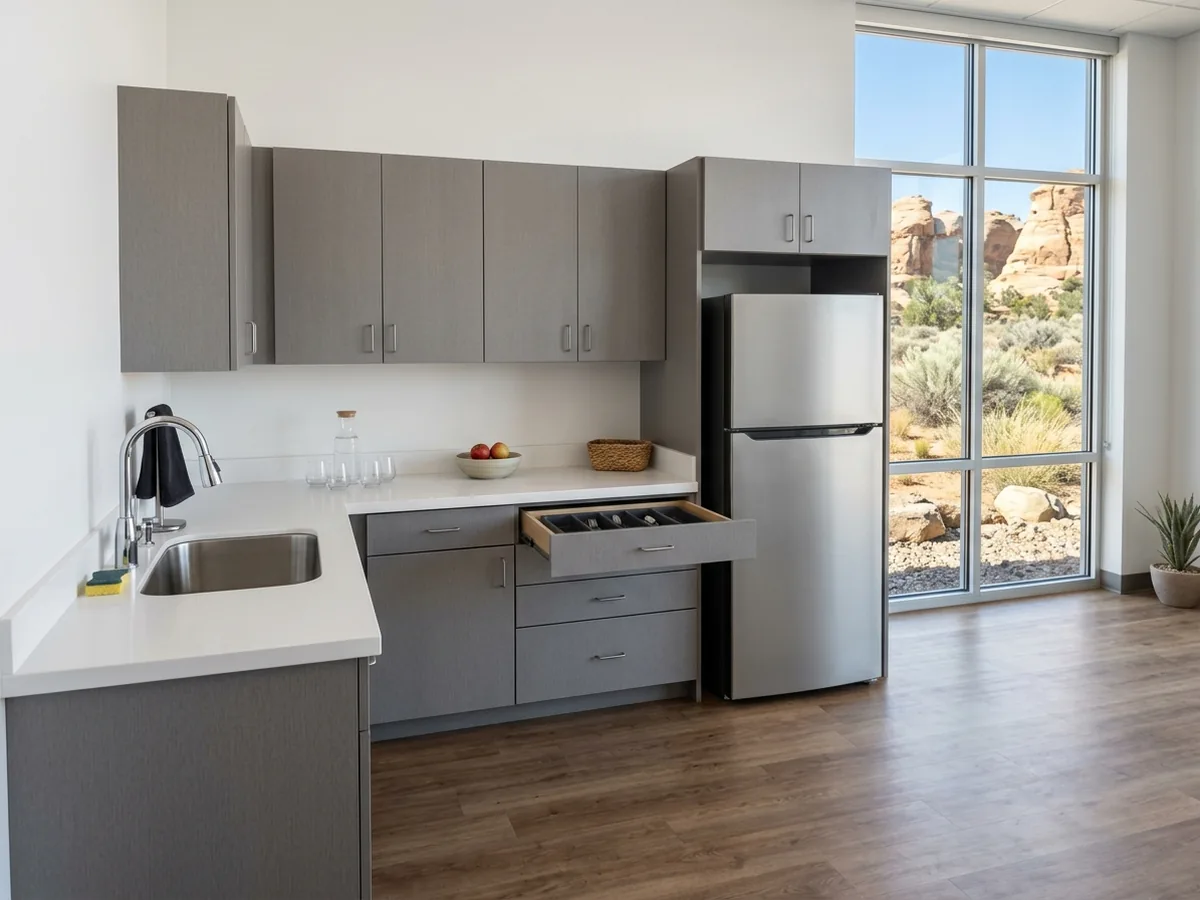 Office break room with gray laminate base and wall cabinets, a sink, and an opening for a refrigerator