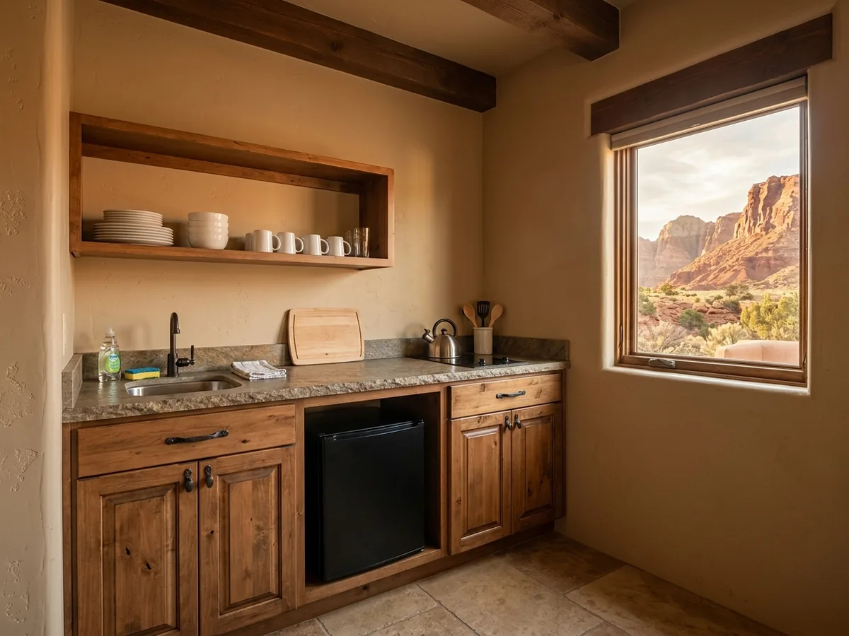 Kitchenette in a lodge guest suite with stained cabinets, a two-burner cooktop and a compact refrigerator opening