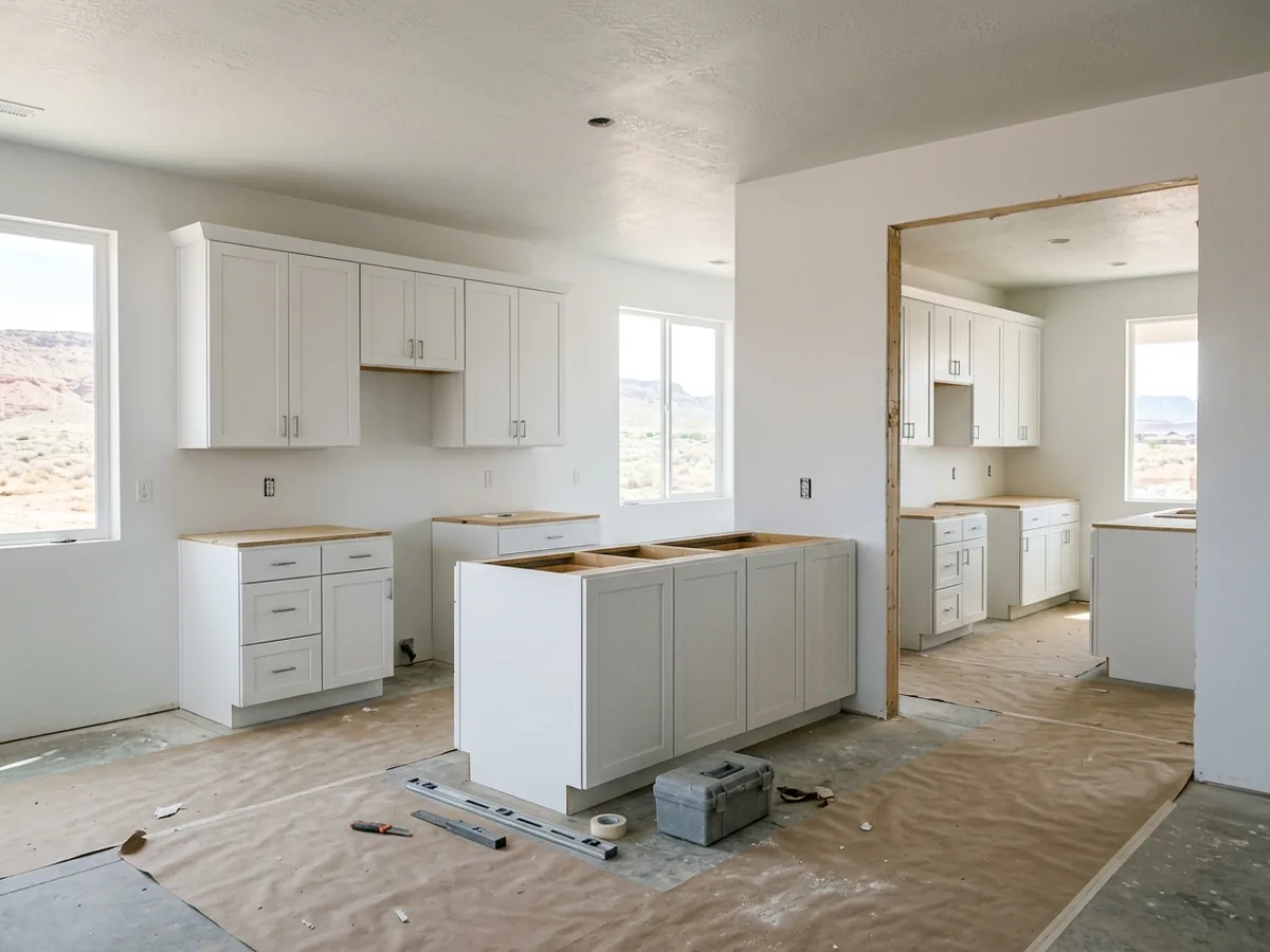 Row of identical new townhome kitchens with matching white shaker cabinets awaiting countertops