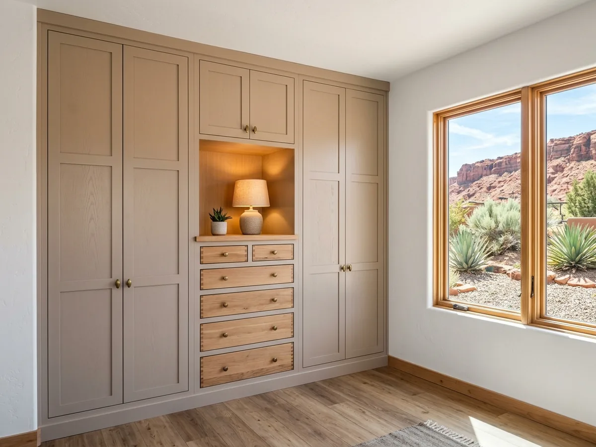 Bedroom wall of painted built-in wardrobe cabinets with tall paneled doors and a waist-high drawer bank in the middle