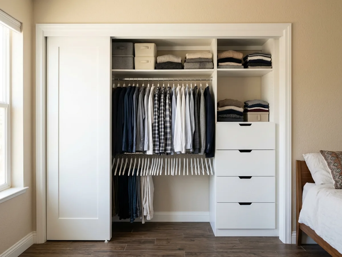 Bedroom reach-in closet with sliding doors open, white melamine shelves above a double rod and a short stack of drawers
