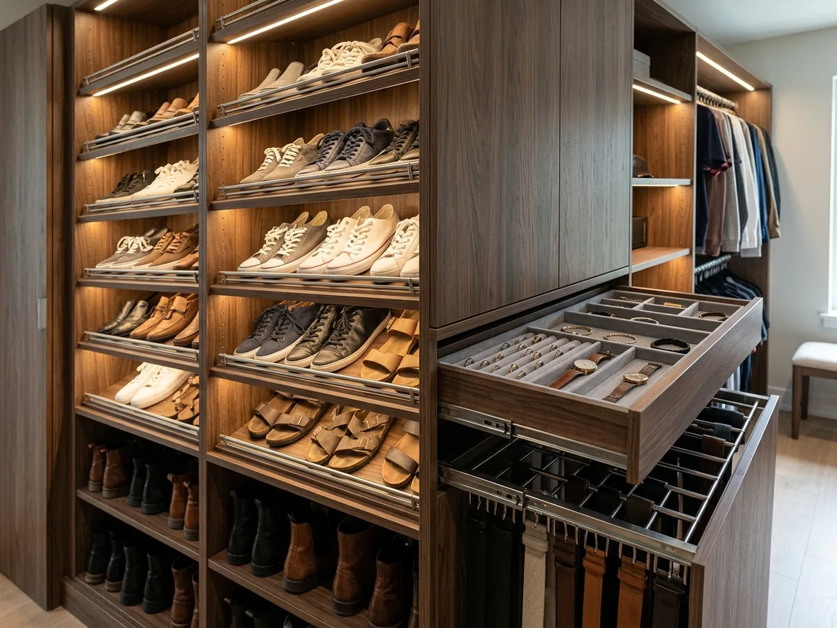 Closet shoe wall with slanted shelves and front fences holding rows of shoes beside shallow drawers for accessories