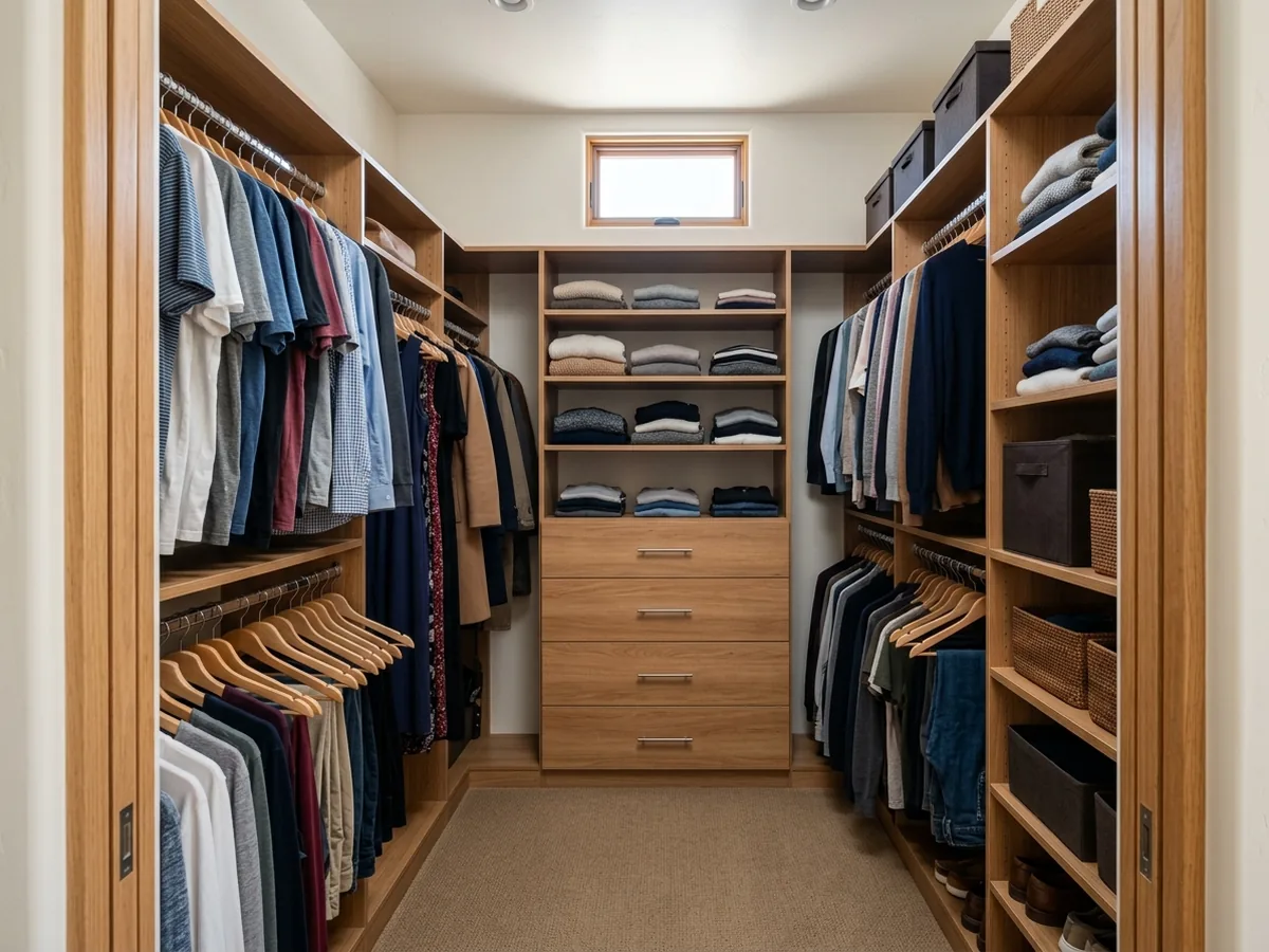 Walk-in closet with warm oak-grain melamine double-hang sections on both side walls and a drawer bank on the back wall