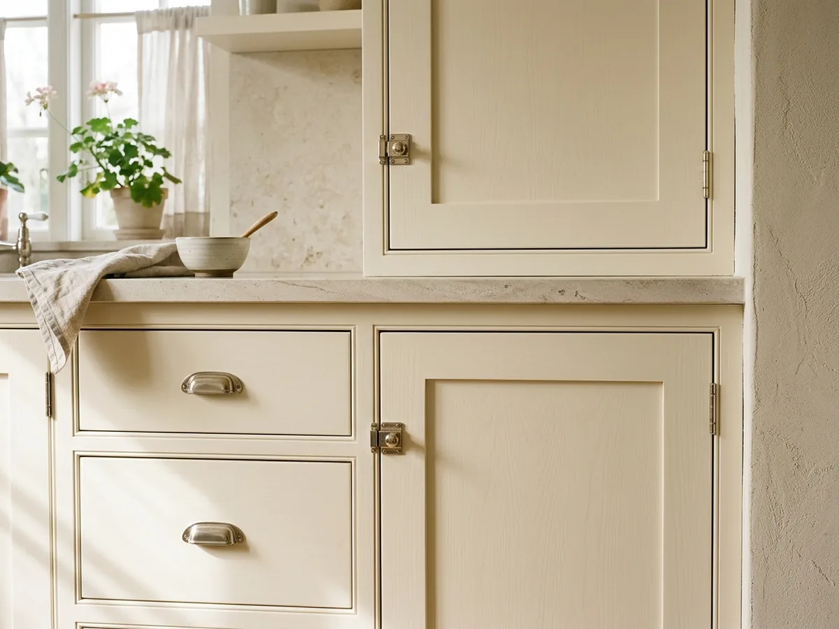 Painted inset cabinet doors sitting flush inside a face frame with exposed barrel hinges and polished nickel latches