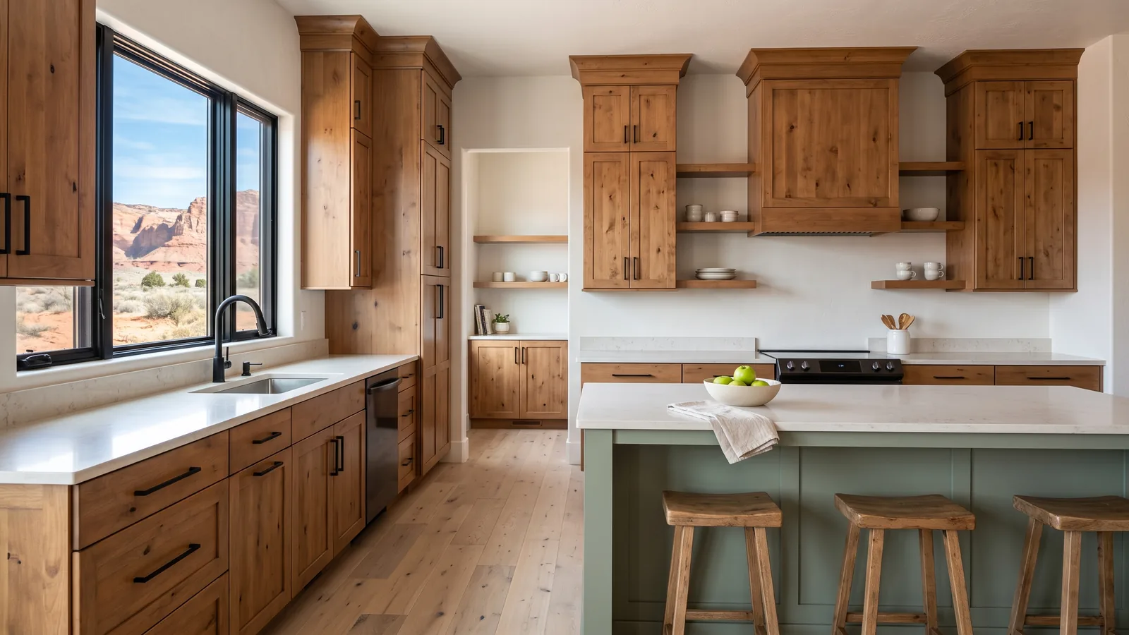 Knotty alder shaker kitchen cabinets with a sage-green island and quartz top, red rock cliffs through the window
