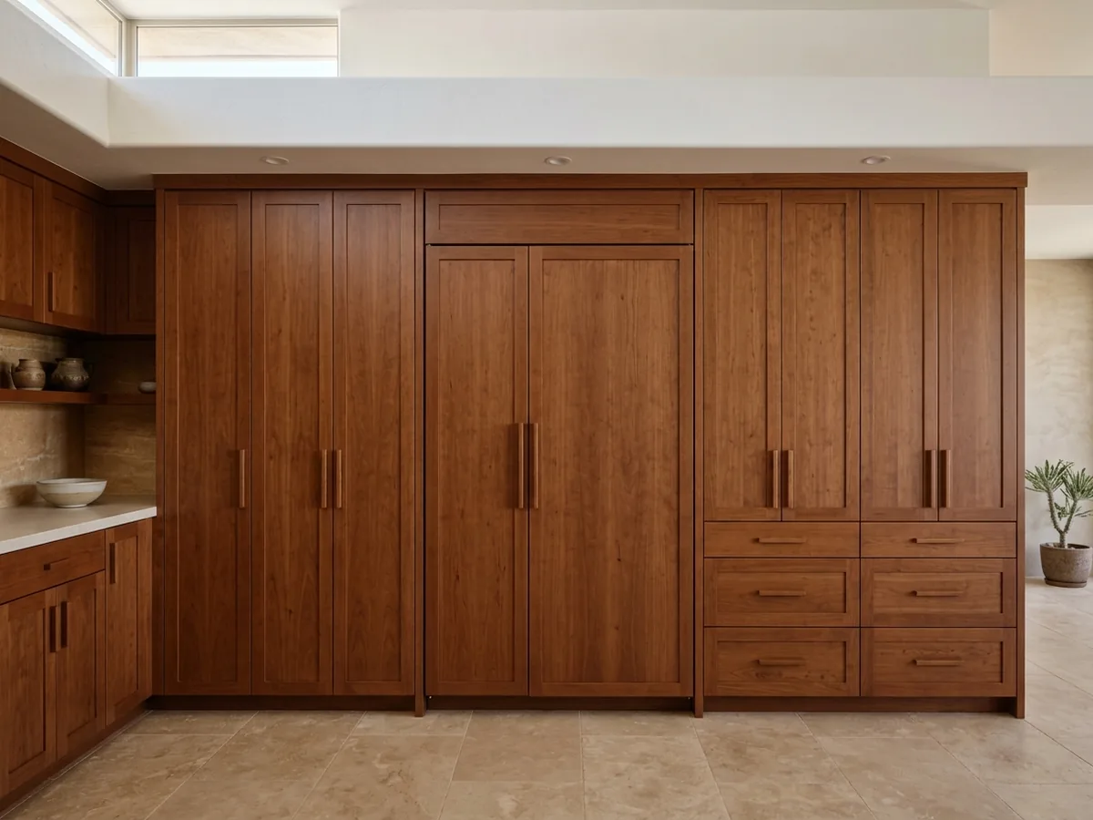 Tall wall of cherry shaker cabinets hiding a panel-ready refrigerator and freezer column between full-height pantry cabinets