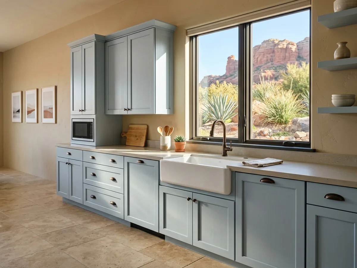 Pale blue-gray painted shaker cabinets along a kitchen perimeter wall with a farmhouse sink under a window and bronze cup pulls