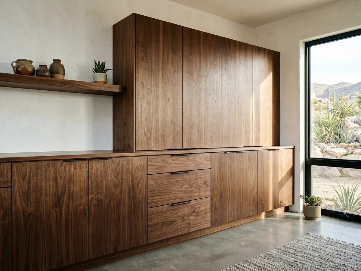 Frameless walnut kitchen cabinets with full-overlay slab doors, continuous grain across the drawer fronts and slim edge pulls