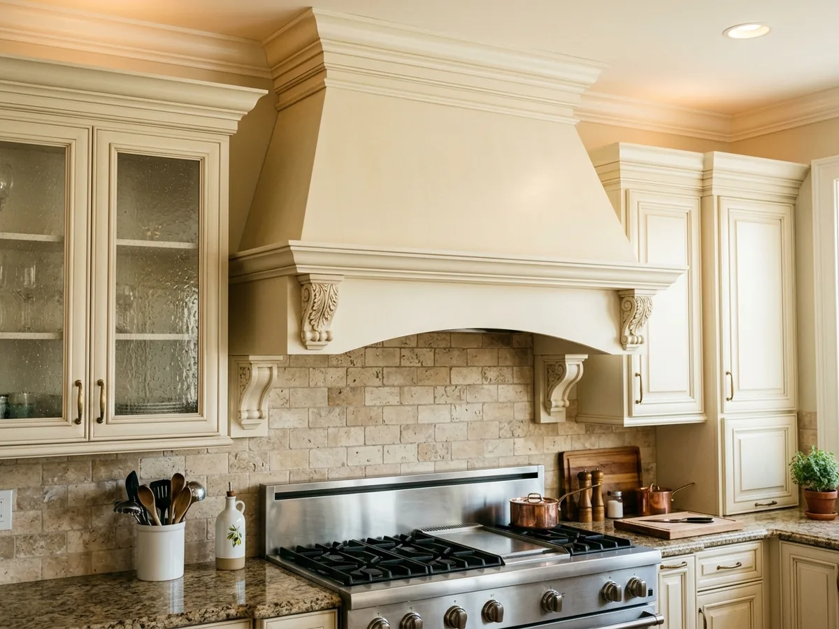 Painted hood with stacked crown molding, a mantel shelf and carved corbels over a 48-inch range