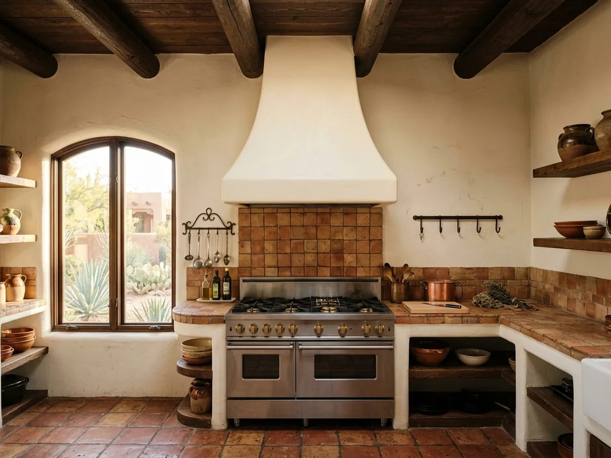 Tapered smooth white painted range hood with no trim, centered over a gas range on a tile wall