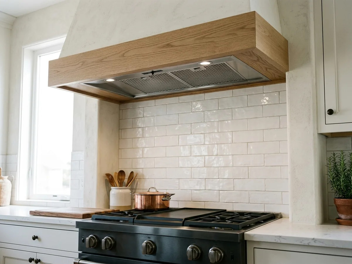 Stained rift white oak hood cover over a range, with the stainless insert visible underneath