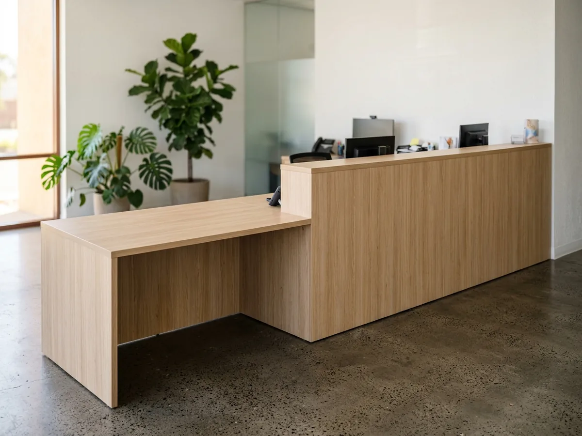 Reception desk with one section dropped to a lower accessible counter height and open knee space beneath it