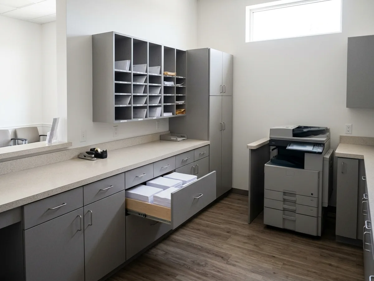 Office workroom with laminate base cabinets, a long counter and open mail cubbies above