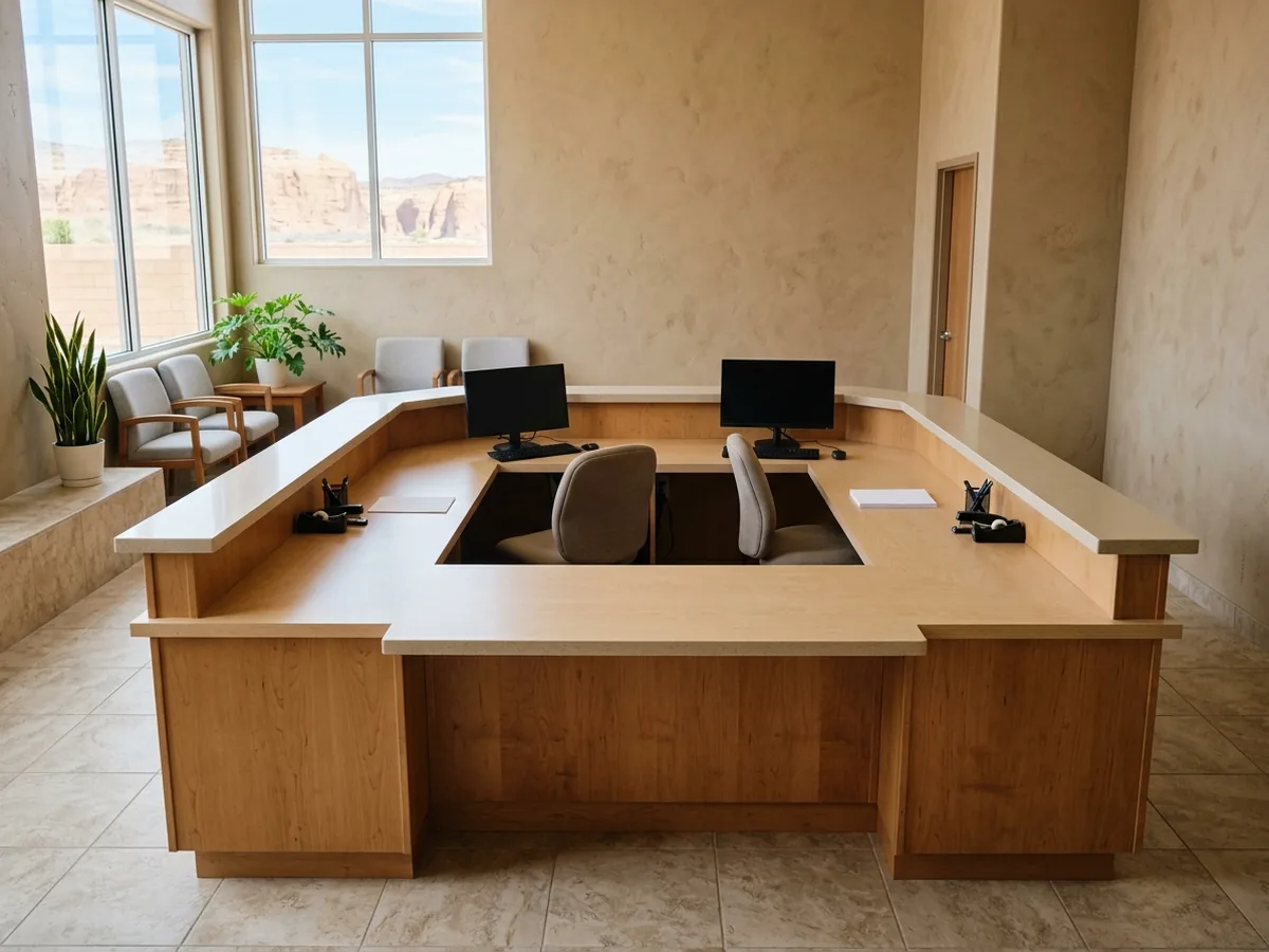 U-shaped reception desk with stained maple panels, a raised ledge on three sides and two staff stations inside