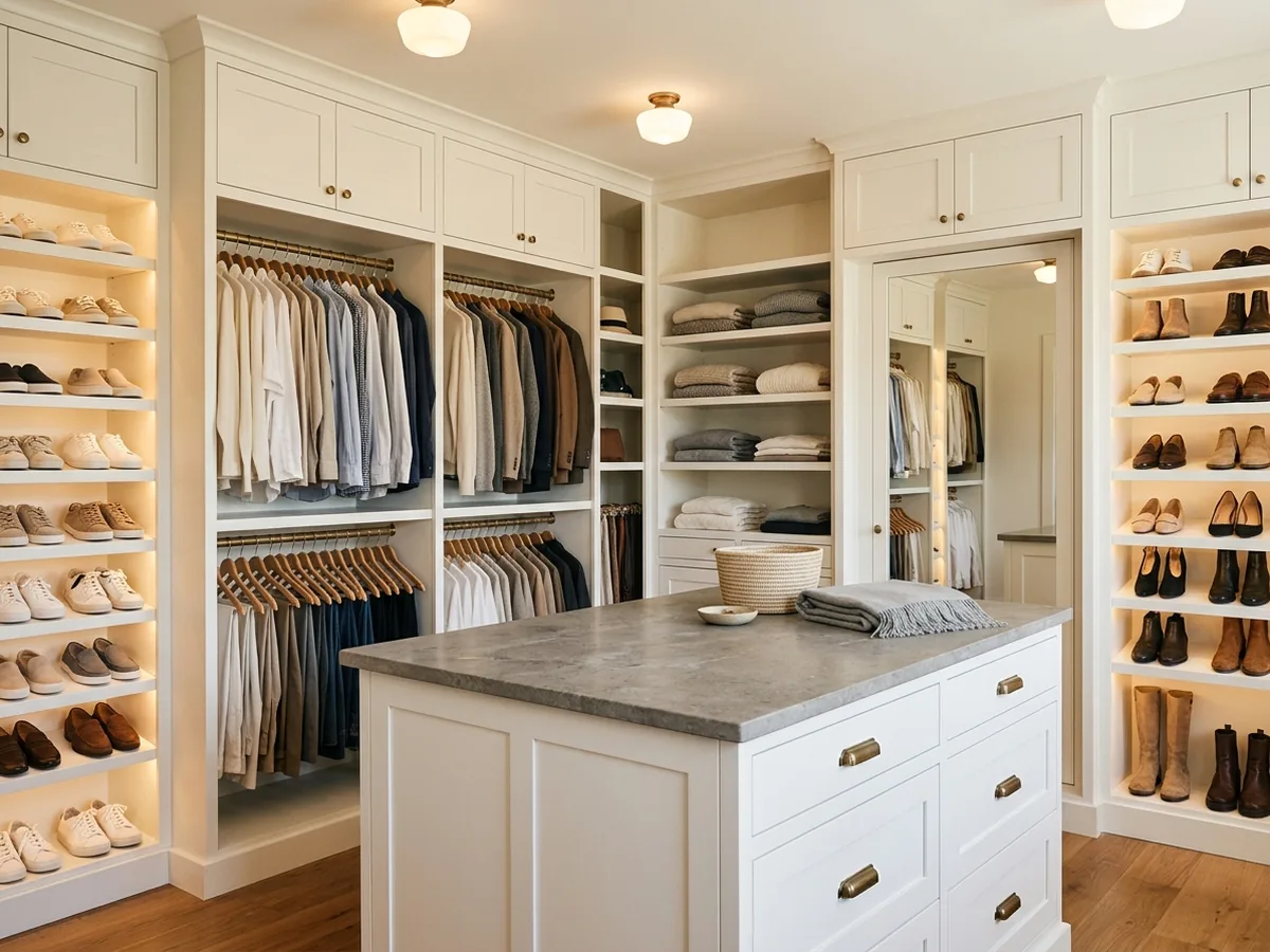 Walk-in closet with white shaker cabinetry, shoe shelves and a center drawer island