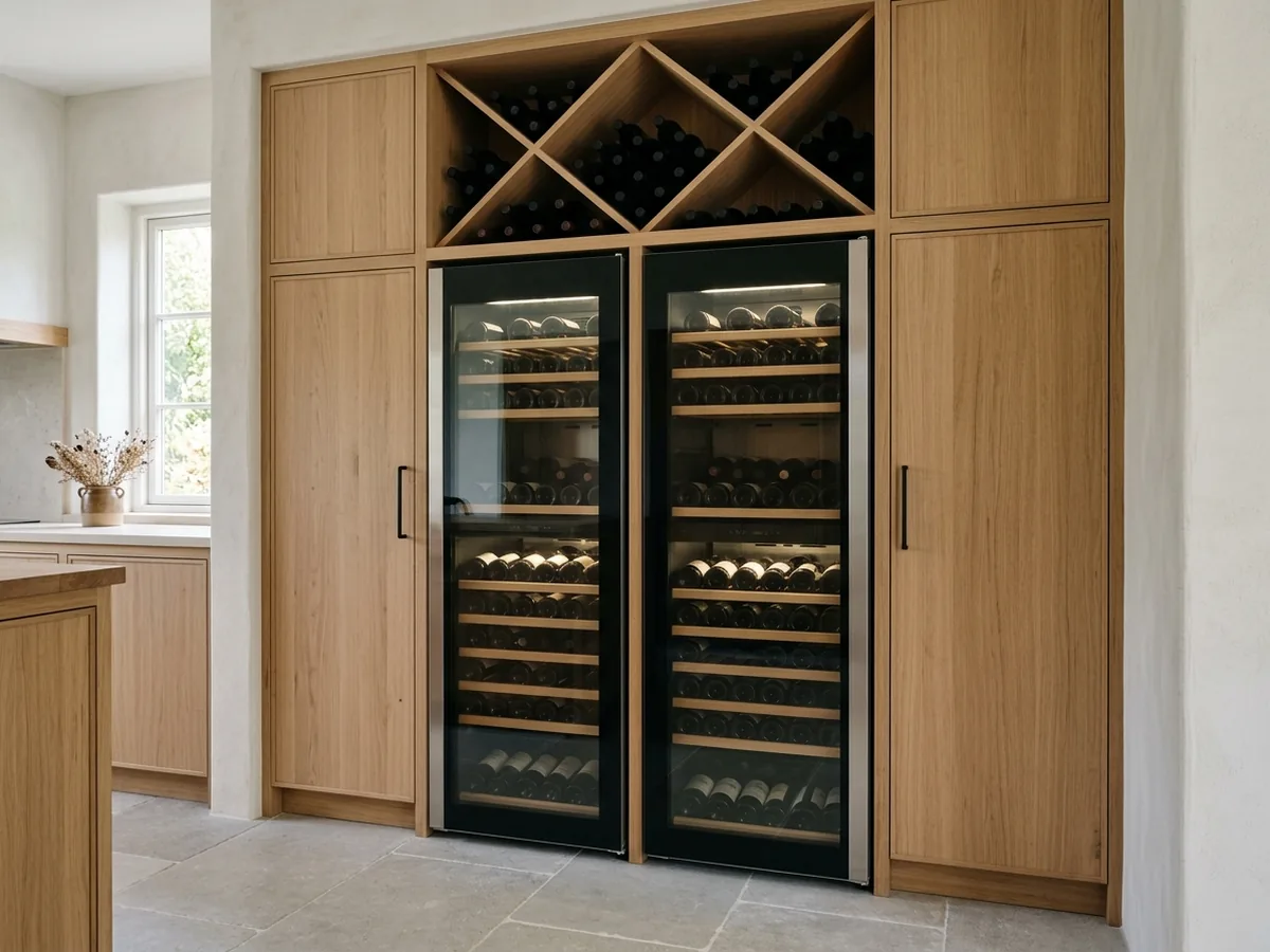 Pair of tall glass-door wine refrigerators built flush into a run of white oak cabinets with a bottle rack above