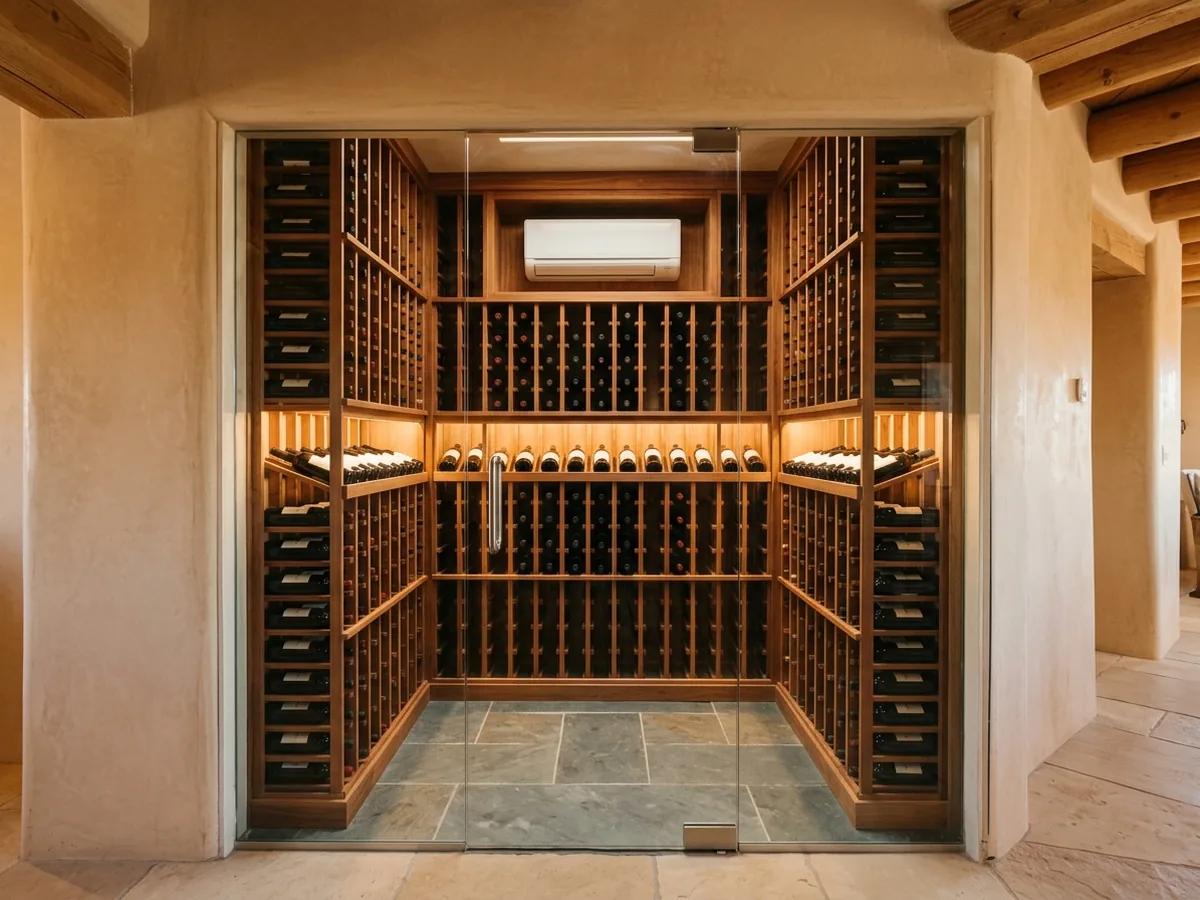 Small insulated wine room with a frameless glass front, wood racking on three walls and a cooling unit high on the back wall