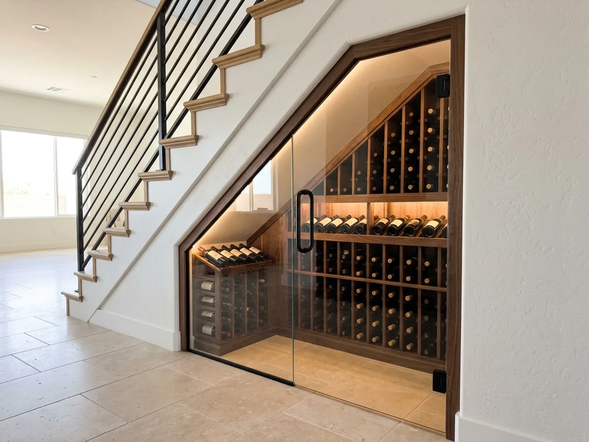 Under-stair wine nook with angled wood racks following the stair line behind a glass door