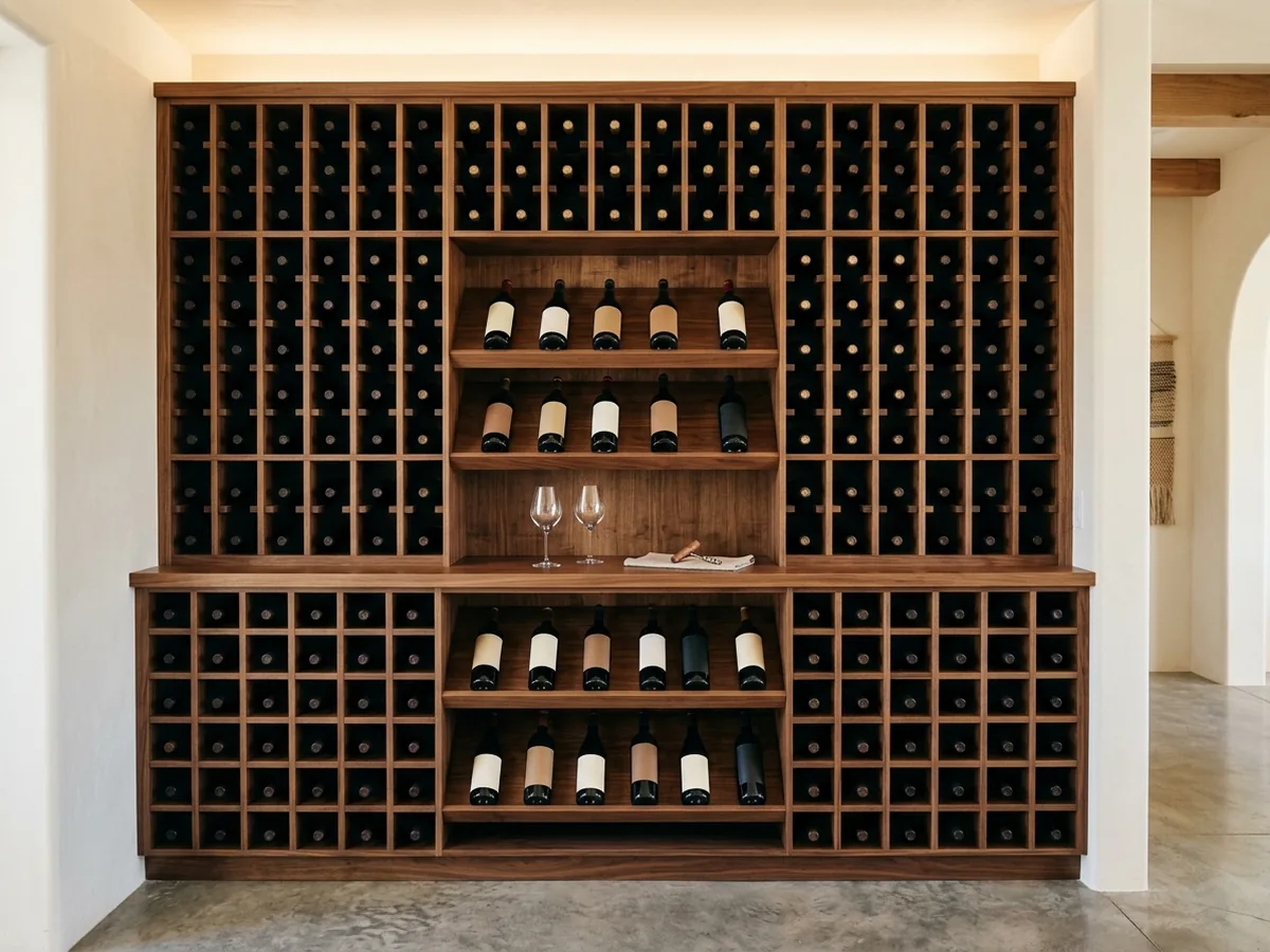 Floor-to-ceiling walnut wine wall with individual bottle cubbies and a row of label-forward display shelves