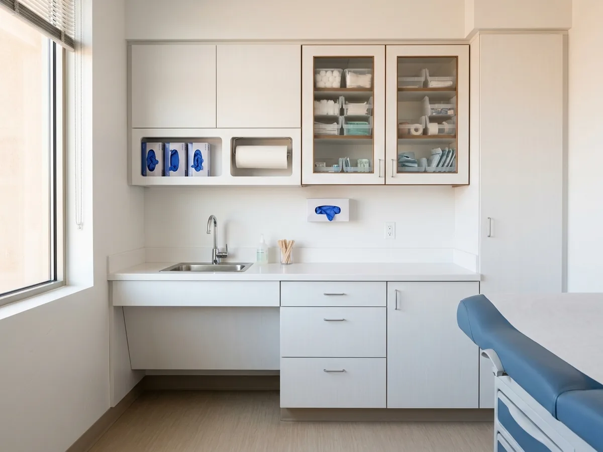 Medical exam room sink cabinet with a solid surface top, upper cabinets with glass doors and a glove dispenser recess
