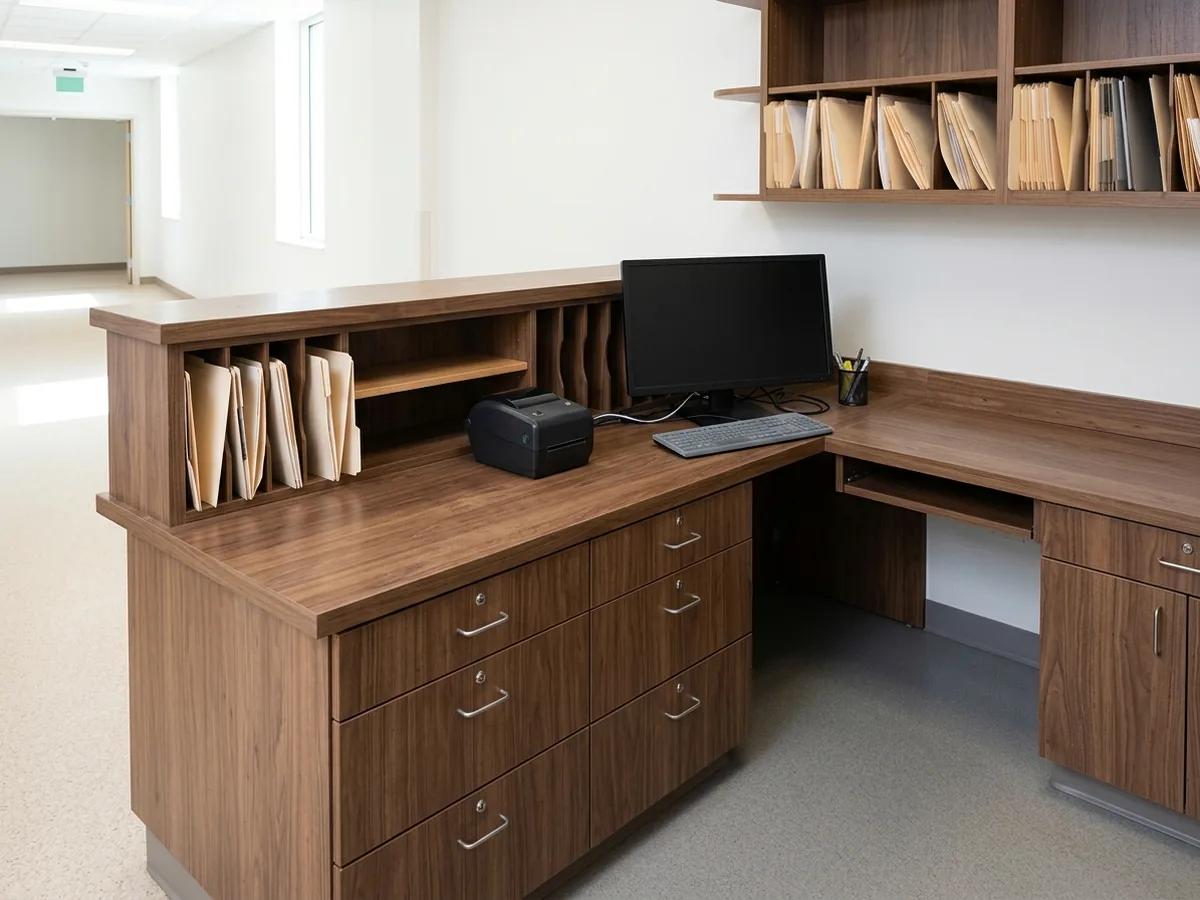 Clinic nurse station with a long laminate charting counter, open file cubbies and a lowered section at one end