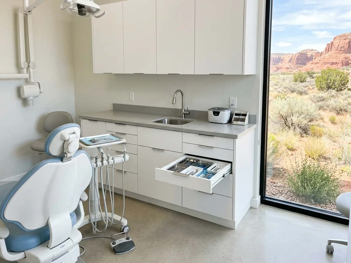 Dental operatory rear cabinet behind the patient chair with a solid surface top, inset sink and white laminate drawers